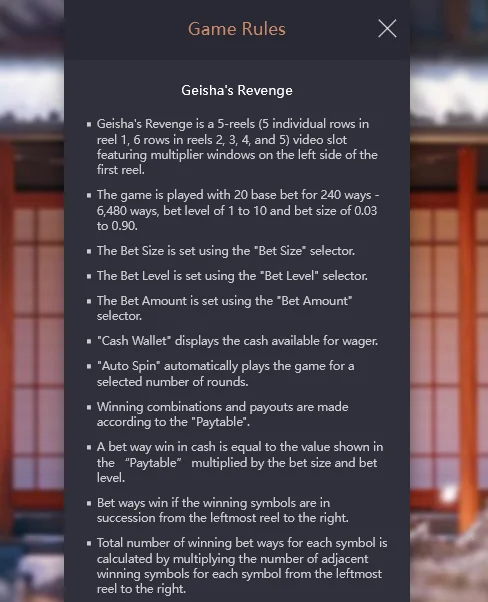 Aturan pembayaran Geisha's Revenge Tangkapan layar aturan dan pembayaran Geisha's Revenge